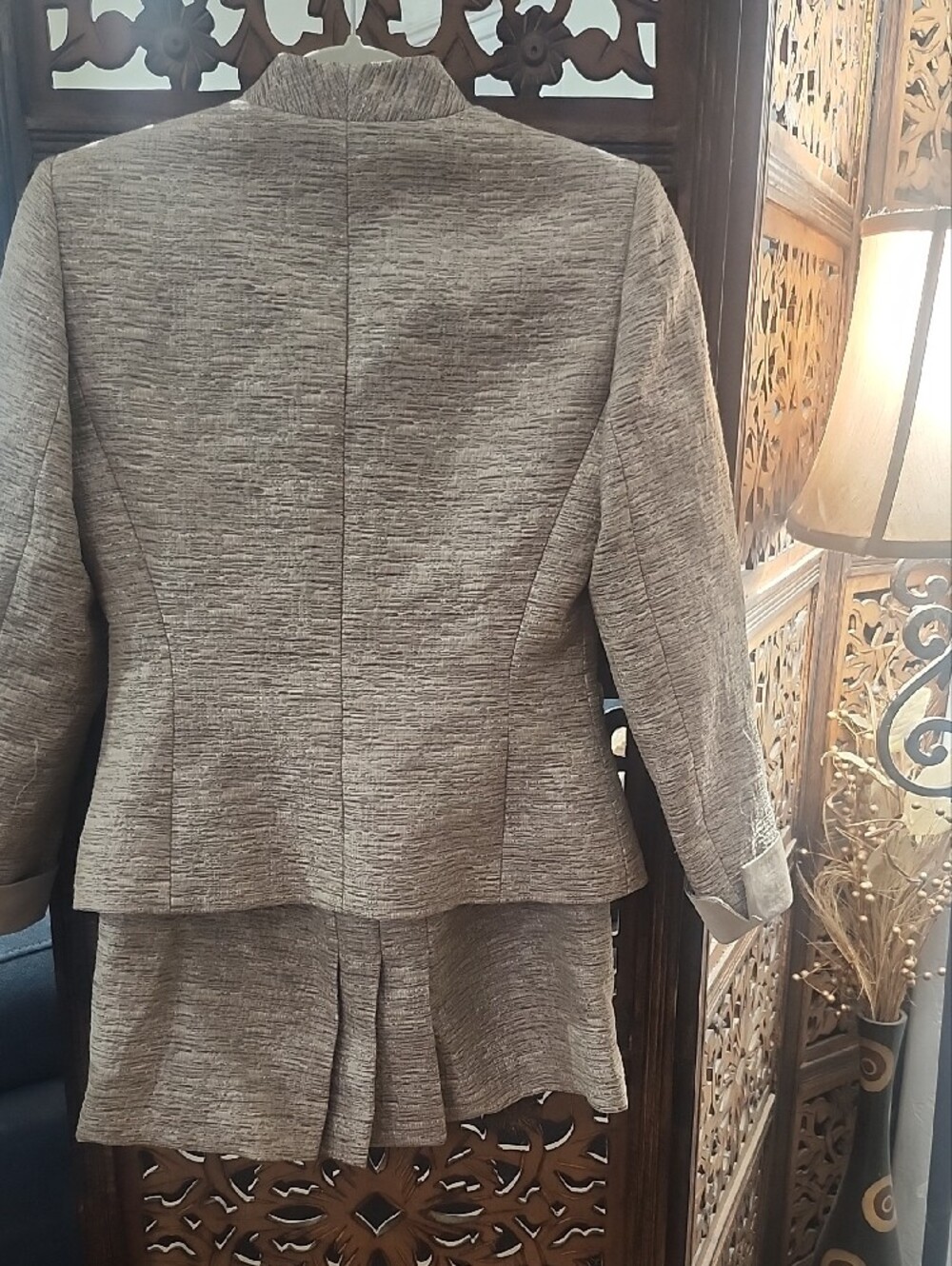 Tahari ASL Taupe Textured Satin-Lapel Blazer And Skirt 2 Pc Suit - Picture 7 of 10